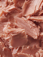 Close-up view of flaky tuna meat prepared for salads or sandwiches at a kitchen countertop during a sunny afternoon