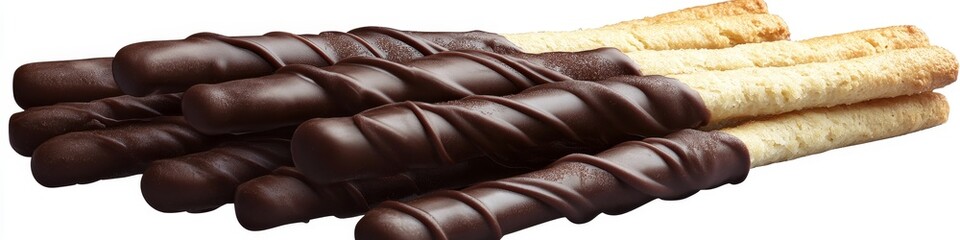Indulgent dark chocolate dipped biscuit sticks piled elegantly, offering a delightful sweet snack experience for any occasion.
