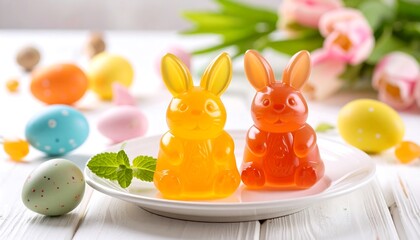 Easter Jelly Bunny Treats: Orange and Red Gummy Rabbits with Pastel Eggs and Tulips