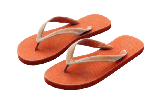 Bright orange flip flops with white straps on black background, cut out