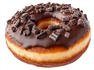 Indulge in a decadent chocolate glazed donut topped with crunchy chocolate shavings for a perfect sweet treat
