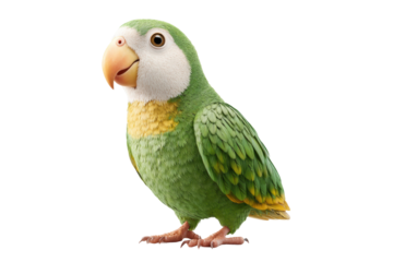 Vibrant green parrot with detailed feathers and orange beak on black background, cut out