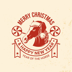 Merry Christmas and 2026 Happy New Year stamp, sticker with horse in Santa Claus hat, Christmas candy. Vector. Vintage typography design for Xmas, new year emblem in retro style