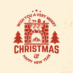 Wish you a very Merry Christmas and Happy New Year stamp, sticker, patch with fireplace, Christmas socks, christmas tree. Vintage design for xmas, new year