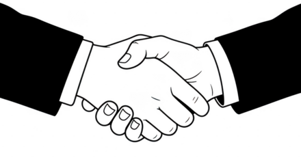 A closeup black and white illustration of two hands firmly shaking, symbolizing a strong business agreement and trust isolated on transparent background