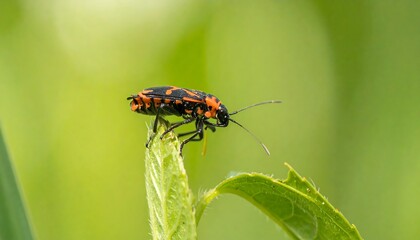 Bright orange & black beetle perched on a green leaf tip against blurry green foliage