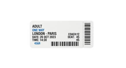 Travel ticket for an adult on a one-way journey from London to Paris, ready for departure.