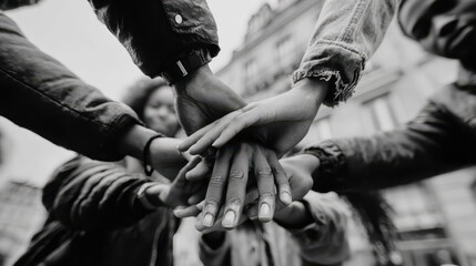 young multiracial people stacking hands outdoor in the city  focus on hands  black and white editng no logos no brands ar 169