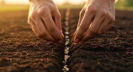 Hands sowing seeds into soil close-up shot