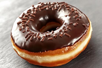 Indulge in a decadent chocolate frosted donut with crunchy sprinkles, a perfect treat for any occasion, bringing sweet joy and satisfying cravings.