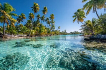 Crystal clear turquoise water and palm trees on a tropical island paradise