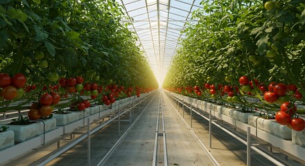 Greenhouse with Blooming Tomato Plants and Drip Irrigation System