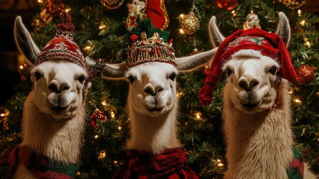 Three llamas in Christmas hats by tree