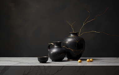 Black marble table on modern countertop