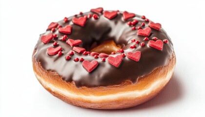 Indulge in a decadent chocolate donut adorned with festive red heart sprinkles and tiny red pearls, perfect for celebrations or sweet treats.