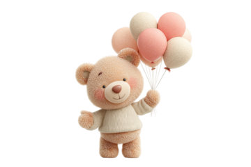 Cute teddy bear holding balloons with bow tie in joyful pose, cut out