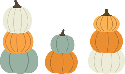 flat cartoon pumpkins for halloween and fall, cute and simple illustrations, seasonal clipart for posters, prints, and design projects