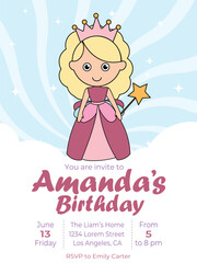Vector invitation template for a girls' birthday party. Princess party theme featuring a sorceress, magic, and enchantress. Cute party card with a sorceress or little princess. Pink invitation for gir