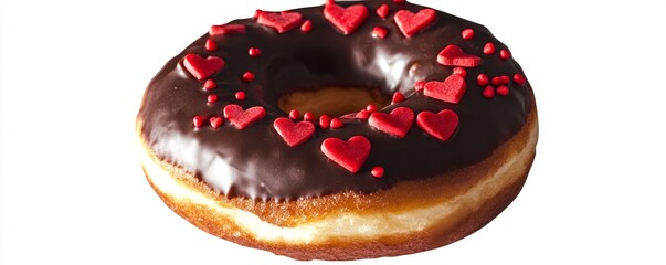 Indulgent chocolate donut adorned with vibrant red heart sprinkles, perfect for celebrating love and sweet moments with delicious delight.