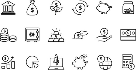 Flat line icons for banking, finance, trading, and e-commerce &ndash; money, cash, savings, income, investments, financial growth, minimalist vector set