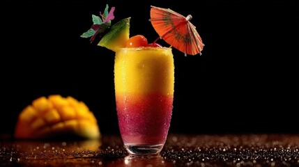 a beautifully styled mango drink with colorful cocktail layers served in a tiki glass with a festive umbrella