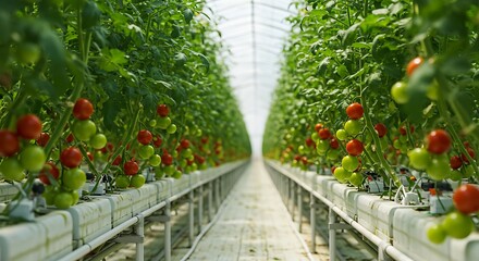 Agricultural Greenhouse Interior with Flowering Tomato Plants and Irrigation Lines