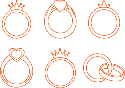 Elegant line icons of wedding rings with heart and crown details perfect for romantic invitations jewelry branding and love themes