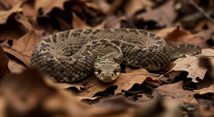 Fototapeta premium Detailed close-up of a coiled rattlesnake amidst fallen oak leaves