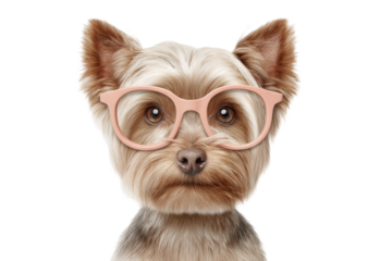 Yorkshire terrier with glasses isolated on white background, cut out