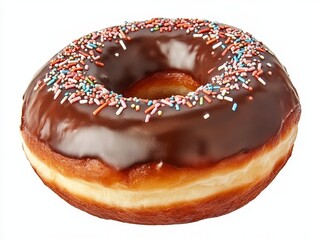 Indulge in a delicious chocolate frosted donut adorned with vibrant rainbow sprinkles, a perfect treat for any occasion.
