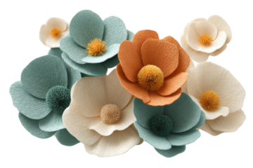 Vibrant crepe paper flowers in orange, blue, and white blooms, cut out