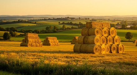 Peaceful evening in the countryside. Haystacks glow in the warm sunset light across a vast agricultural field, evoking a sense of calm and rural life