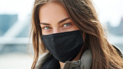 health safety and pandemic concept young woman wearing black face protective reusable barrier mask outdoors no logos no brands ar 169