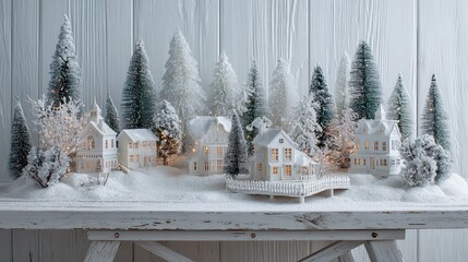 Fototapeta premium a winter wonderland scene on a white wooden table with miniature christmas trees and houses