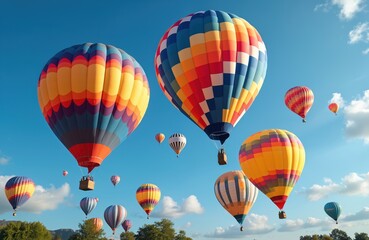 Fototapeta premium Colorful hot air balloons soar in blue sky. Vibrant balloons ascend on a sunny summer day. This festive flight offers adventure, travel, and breathtaking views. Experience freedom and wonder.