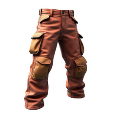 Stylish, rust-colored cargo pants with rich, contrasting khaki-toned pockets are displayed against a black backdrop.