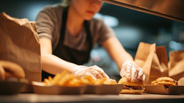 young woman preparing take away fast food during coronavirus outbreak  focus on hands no logos no brands ar 169