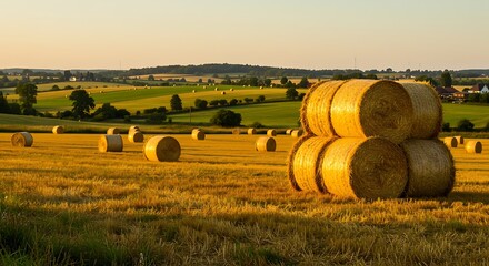 Stacks of golden hay bales stand in a freshly harvested field at dusk. An idyllic agricultural scene with rolling green hills and a distant village
