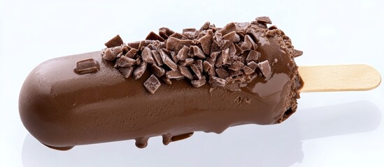 Indulge in pure bliss with this decadent chocolate-covered ice cream bar topped with crunchy chocolate pieces, a perfect summer treat.