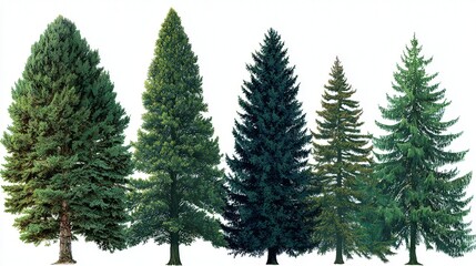 Obraz premium A collection of diverse evergreen trees against a plain white background, showcasing variation in shades of green.