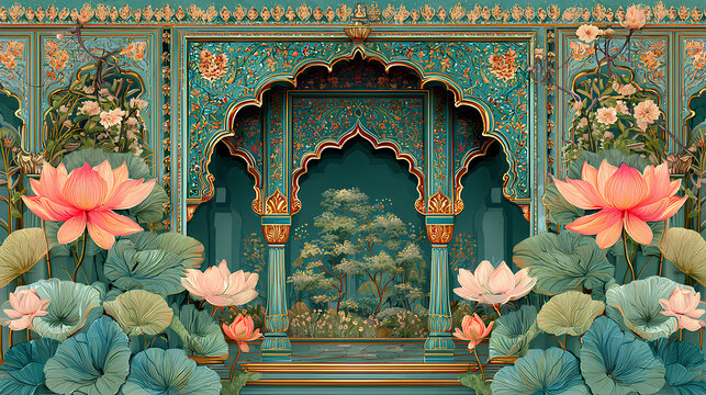Traditional Mughal decorative arch wedding frame featuring palace garden, lotus flowers, and Pichwai art illustration Stock Illustration