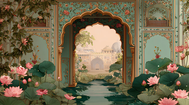 Traditional Mughal decorative arch wedding frame featuring palace garden, lotus flowers, and Pichwai art illustration Stock Illustration