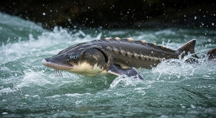 Fototapeta premium A majestic sturgeon gracefully navigating through the rushing river water