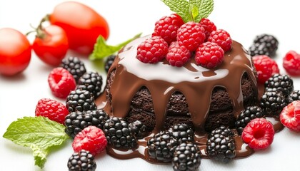 Indulgent chocolate cake lavishly topped with fresh raspberries and blackberries, a decadent dessert delight for any celebration.
