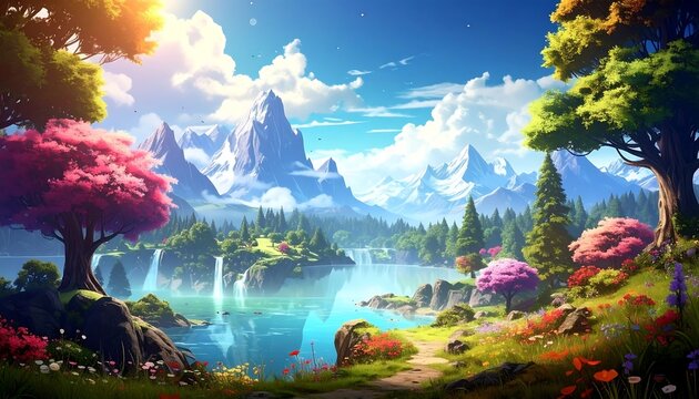 Serene landscape with vibrant flora, cascading waterfalls, and majestic snow-capped mountains