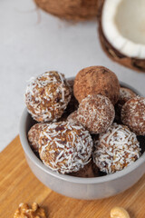 Homemade vegan healthy sugar-free candies made from dried fruits and nuts. Healthy eating.