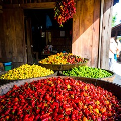 Vibrant chili piles at market