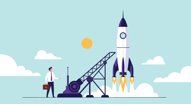 A businessman stands ready as his rocket ignites and prepares for a powerful launch into the sky.