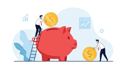 Illustrating the concept of saving money through a piggy bank and coin insertion.