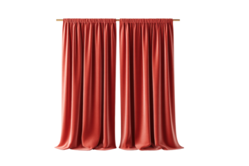 Elegant red curtains hanging on golden rod against white background, cut out